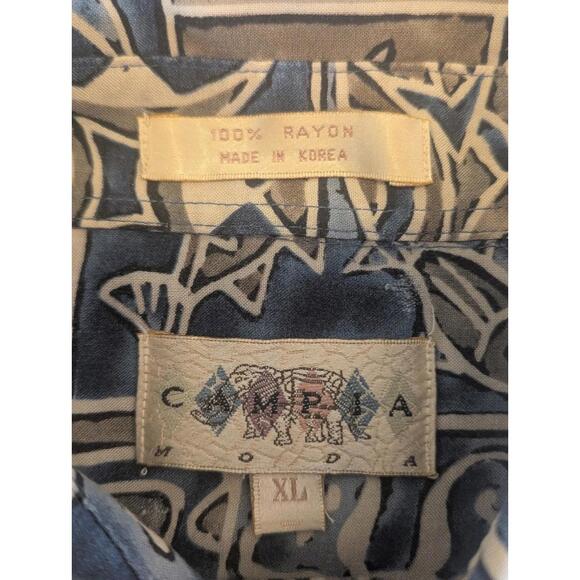 Campia Moda Hawaiian Shirt XL Rayon Blue Taupe Tribal Fish Camp Aloha - Picture 3 of 8